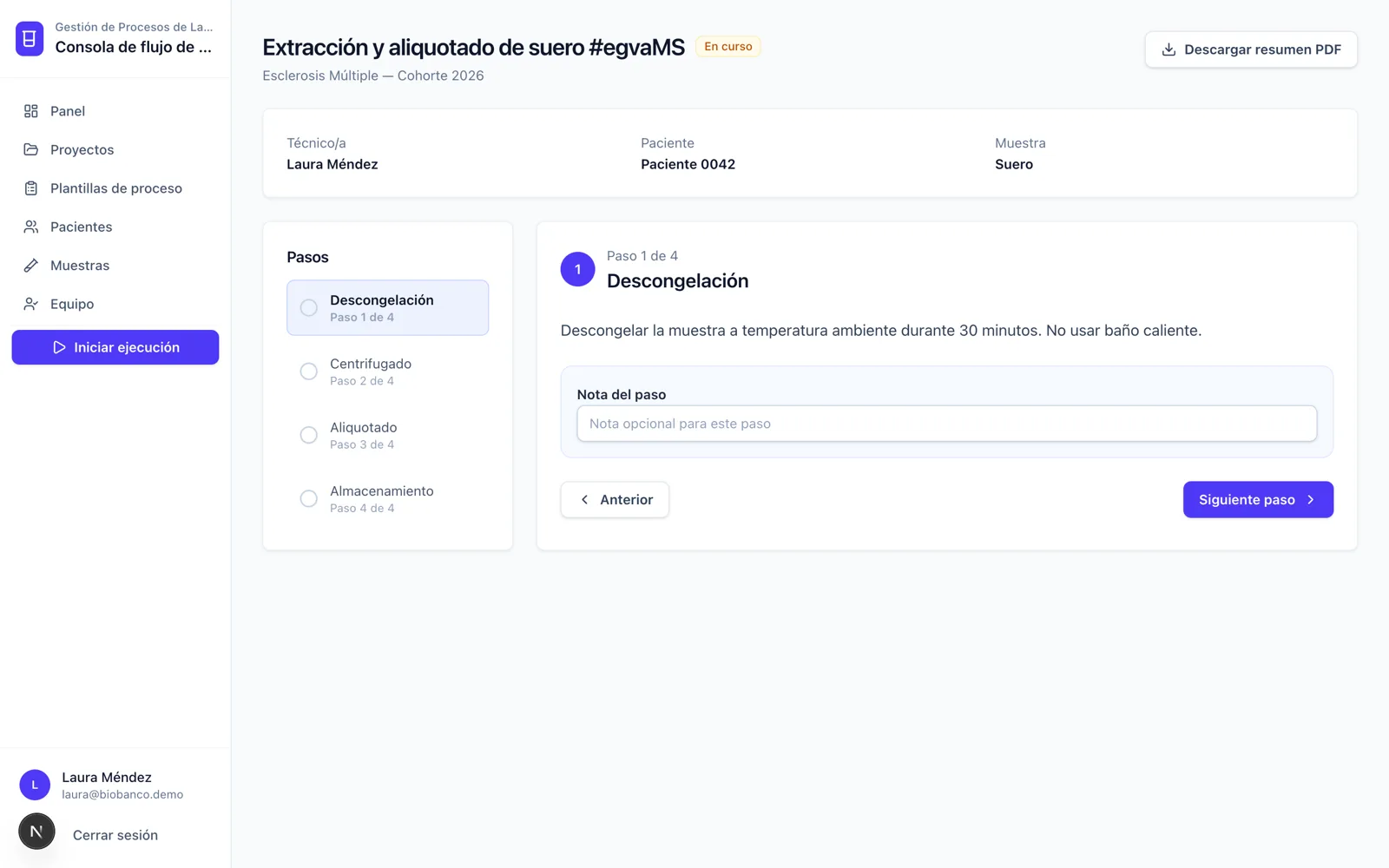 Ejecución guiada paso a paso, con técnico, paciente, muestra y descarga del resumen en PDF.
